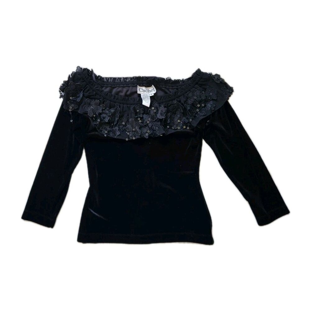 VTG Cachet Blouse Womens S Black Velvet Off Shoulder Mesh Sequin Floral EUC